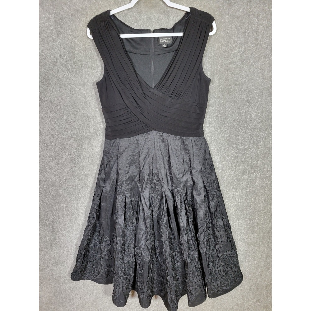 Adrianna Papell Dress Womens Size 12 Black Ruched Bodice Textured Taffeta Skirt